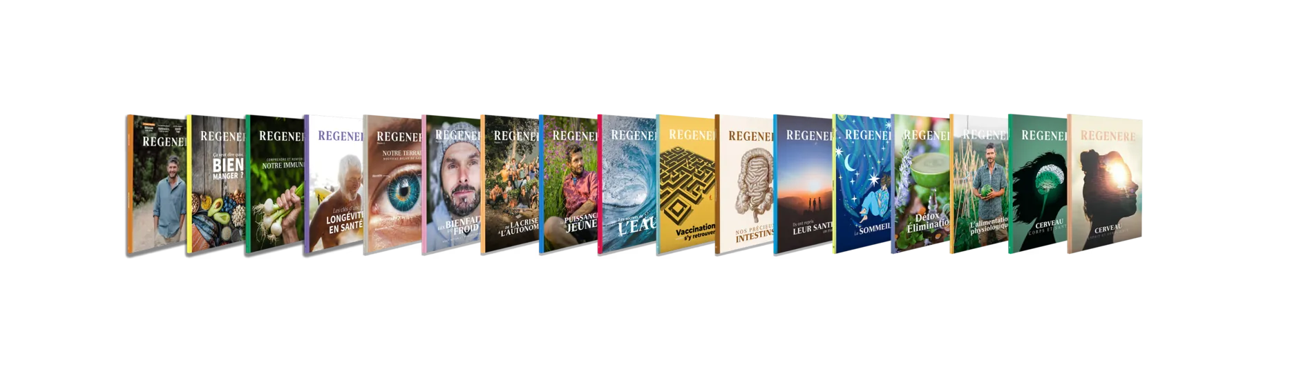 Les 17 couvertures du magazine Régénère alignées